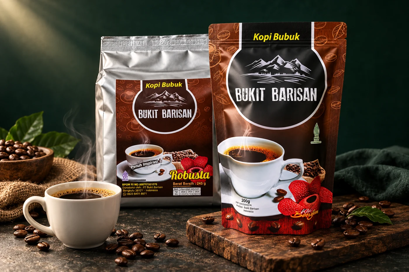 Kopi Bukit Barisan Spesial dan Robusta dalam suasana studio premium